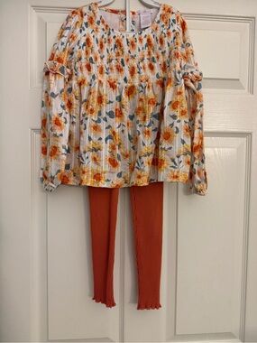 Shabby Chic White Floral Smocked Top with Yellow and Orange Accents